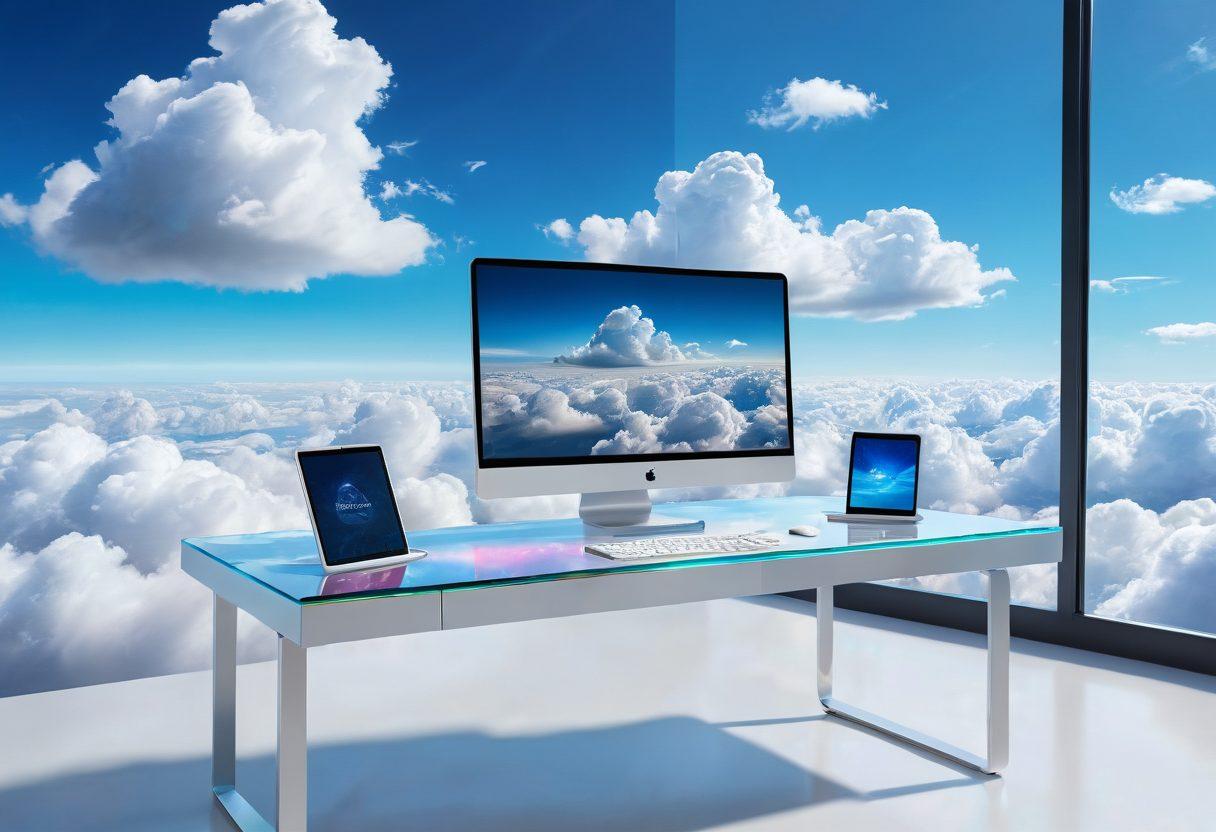 A sleek, modern desk with a futuristic holographic display showing various cloud-based applications and software icons, like task managers, communication tools, and data storage apps, all floating in an organized manner. The background should depict a sky with fluffy clouds, infusing an airy and limitless feeling. super-realistic. vibrant colors. high-tech aesthetic.