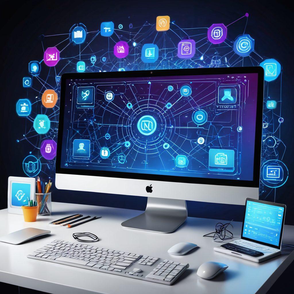 A sleek, modern desk filled with digital tools and gadgets, a high-resolution computer screen displaying various popular web tool icons, and a futuristic holographic interface. Background showing a dynamic, vibrant mix of interconnected digital symbols and networks, representing online efficiency. Super-realistic. vibrant colors. 3D.