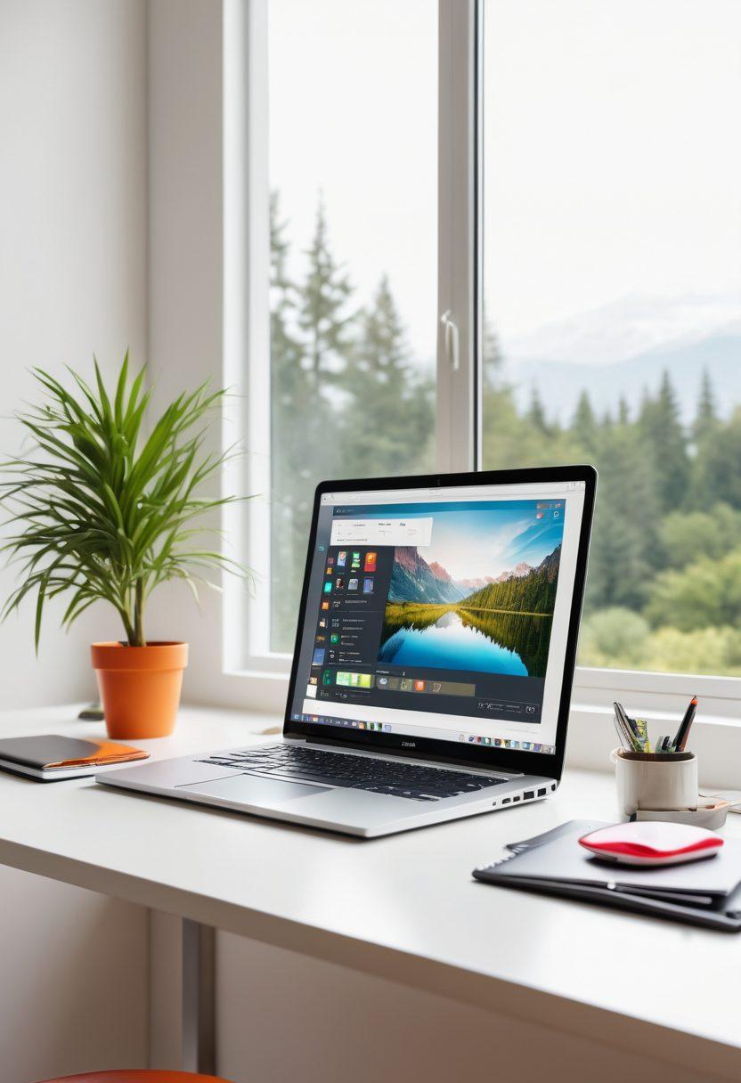 A modern workspace with a sleek laptop displaying various essential web tools' icons on the screen; the background features a neatly organized desk with futuristic gadgets and a serene natural view outside the window. The scene exudes productivity, efficiency, and technological harmony. super-realistic. vibrant colors. white background.